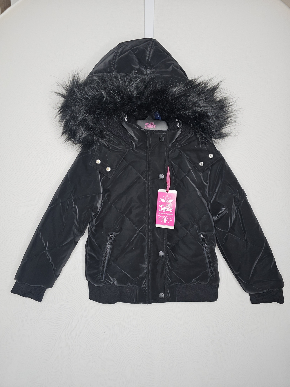 NWT Justice Girls Black Classic Puffer Jacket Faux Fur Hood Size XS (5/6)